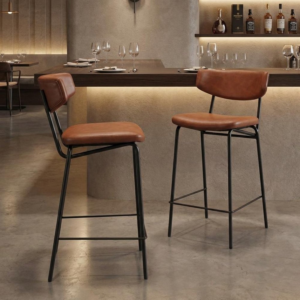 Set of Two 30" Brown And Black Faux Leather And Steel Low Back Bar Height Bar Chairs — view 14
