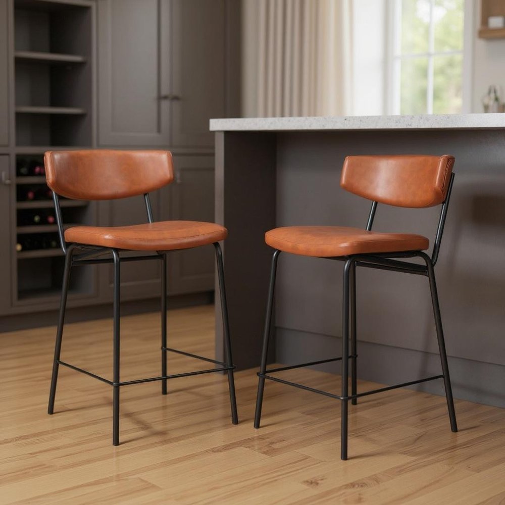 Set of Two 30" Brown And Black Faux Leather And Steel Low Back Bar Height Bar Chairs HomeRoots