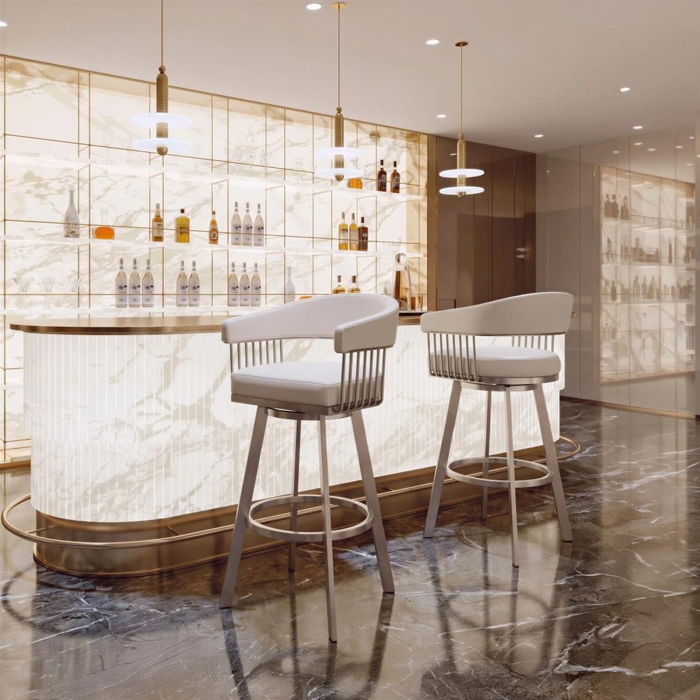 31" White And Silver Faux Leather And Fabric And Steel Low Back Bar Height Swivel Bar Chair HomeRoots