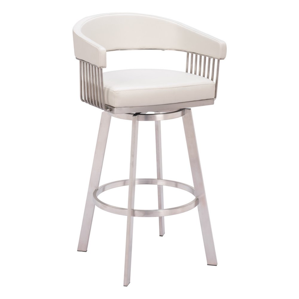 31" White And Silver Faux Leather And Fabric And Steel Low Back Bar Height Swivel Bar Chair HomeRoots