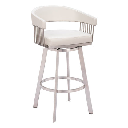 31" White And Silver Faux Leather And Fabric And Steel Low Back Bar Height Swivel Bar Chair HomeRoots