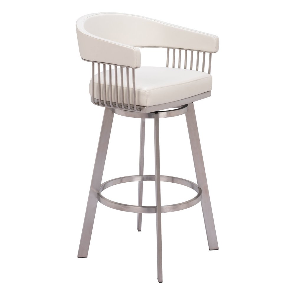 31" White And Silver Faux Leather And Fabric And Steel Low Back Bar Height Swivel Bar Chair HomeRoots
