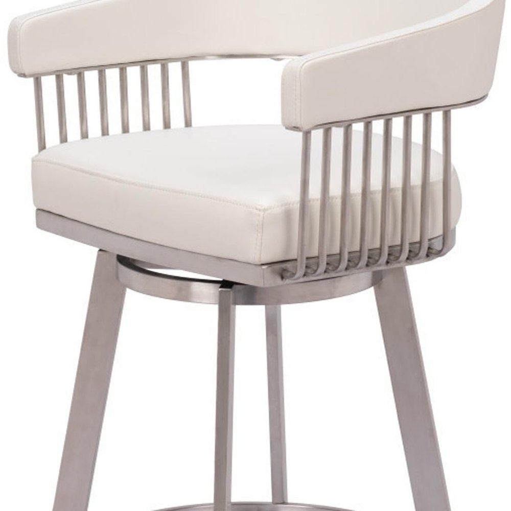 31" White And Silver Faux Leather And Fabric And Steel Low Back Bar Height Swivel Bar Chair HomeRoots