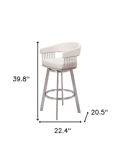 31" White And Silver Faux Leather And Fabric And Steel Low Back Bar Height Swivel Bar Chair HomeRoots