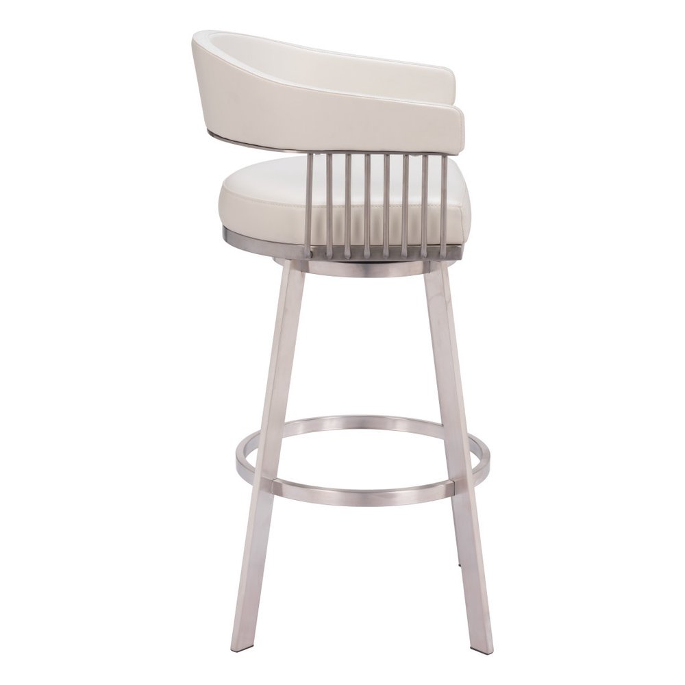 31" White And Silver Faux Leather And Fabric And Steel Low Back Bar Height Swivel Bar Chair HomeRoots