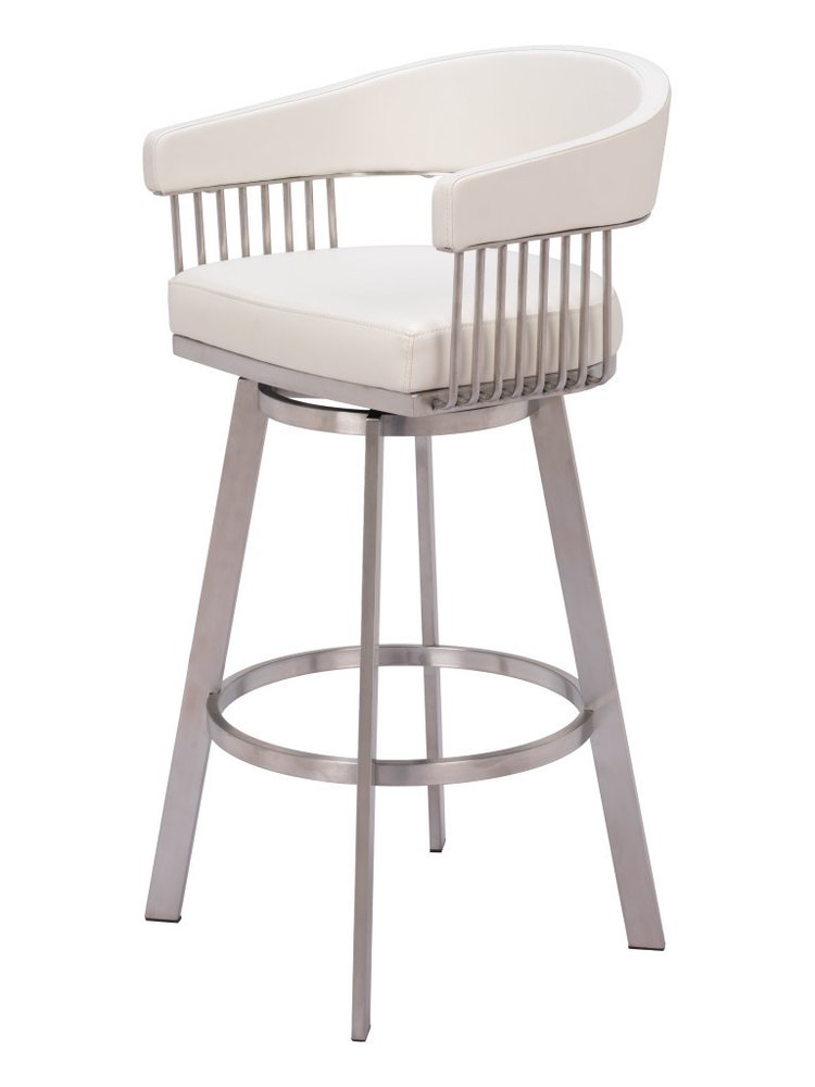 31" White And Silver Faux Leather And Fabric And Steel Low Back Bar Height Swivel Bar Chair HomeRoots