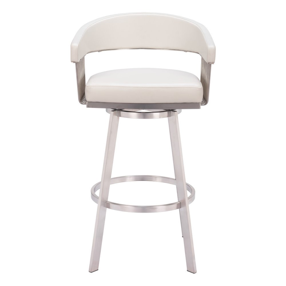 31" White And Silver Faux Leather And Fabric And Steel Low Back Bar Height Swivel Bar Chair HomeRoots