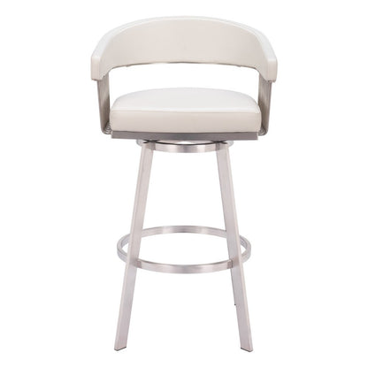 31" White And Silver Faux Leather And Fabric And Steel Low Back Bar Height Swivel Bar Chair HomeRoots