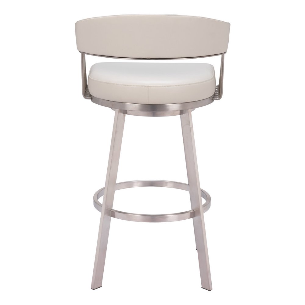31" White And Silver Faux Leather And Fabric And Steel Low Back Bar Height Swivel Bar Chair HomeRoots