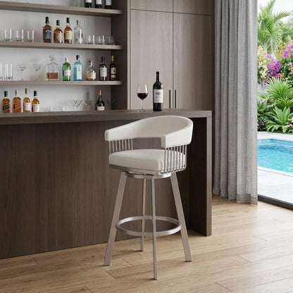 31" White And Silver Faux Leather And Fabric And Steel Low Back Bar Height Swivel Bar Chair HomeRoots