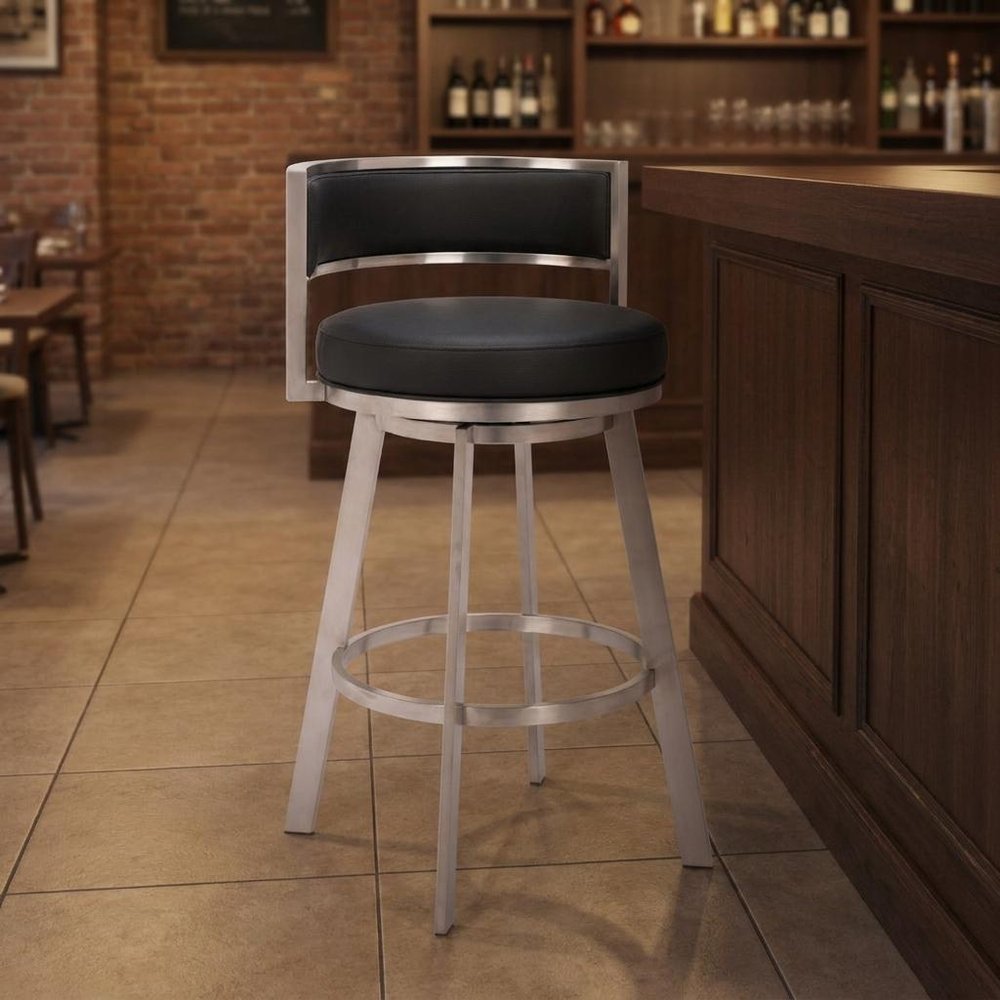 31" Black And Silver Faux Leather And Fabric And Steel Low Back Bar Height Swivel Bar Chair — view 20