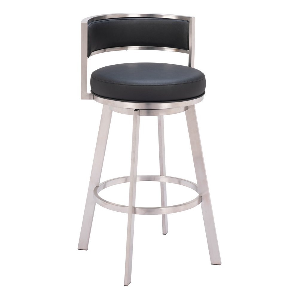 31" Black And Silver Faux Leather And Fabric And Steel Low Back Bar Height Swivel Bar Chair HomeRoots
