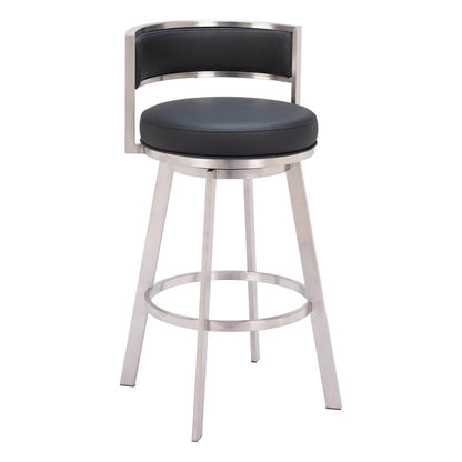 31" Black And Silver Faux Leather And Fabric And Steel Low Back Bar Height Swivel Bar Chair HomeRoots