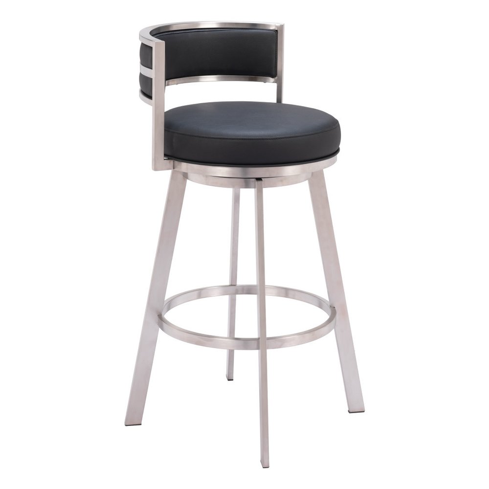 31" Black And Silver Faux Leather And Fabric And Steel Low Back Bar Height Swivel Bar Chair HomeRoots
