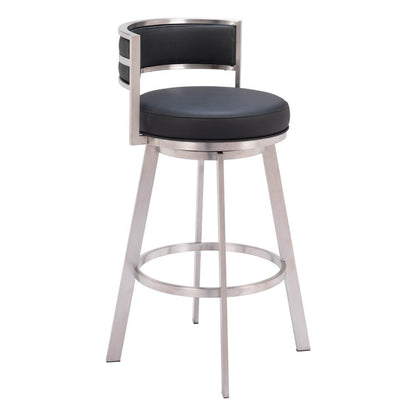 31" Black And Silver Faux Leather And Fabric And Steel Low Back Bar Height Swivel Bar Chair HomeRoots