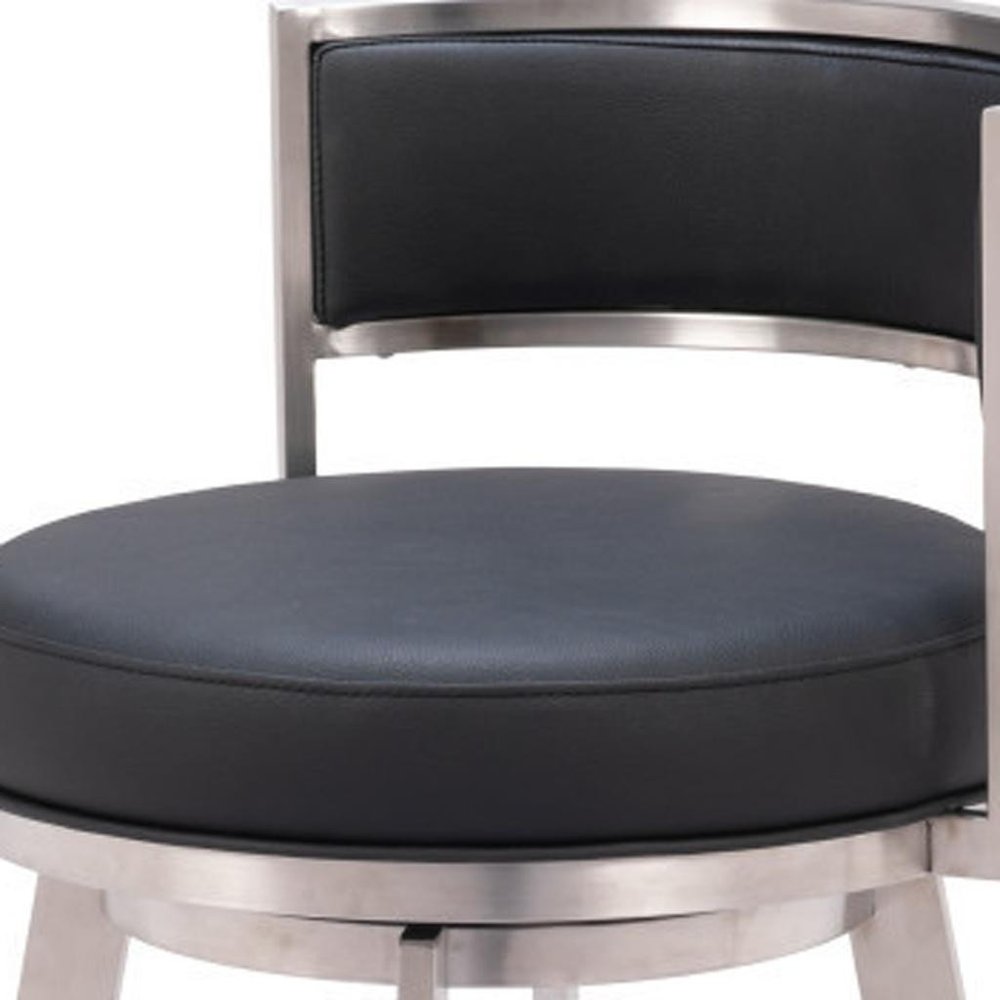 31" Black And Silver Faux Leather And Fabric And Steel Low Back Bar Height Swivel Bar Chair HomeRoots