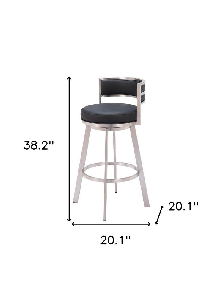 31" Black And Silver Faux Leather And Fabric And Steel Low Back Bar Height Swivel Bar Chair HomeRoots