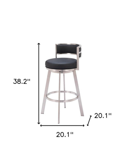 31" Black And Silver Faux Leather And Fabric And Steel Low Back Bar Height Swivel Bar Chair HomeRoots