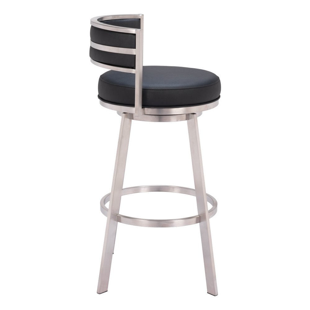 31" Black And Silver Faux Leather And Fabric And Steel Low Back Bar Height Swivel Bar Chair HomeRoots