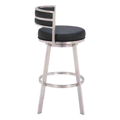 31" Black And Silver Faux Leather And Fabric And Steel Low Back Bar Height Swivel Bar Chair HomeRoots