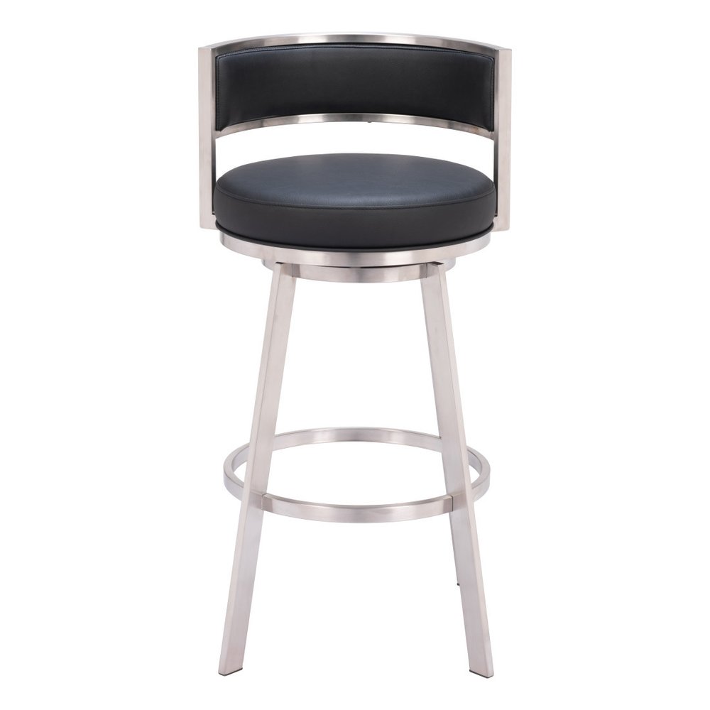 31" Black And Silver Faux Leather And Fabric And Steel Low Back Bar Height Swivel Bar Chair HomeRoots