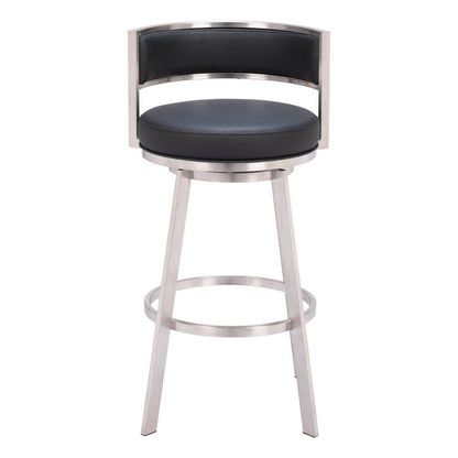 31" Black And Silver Faux Leather And Fabric And Steel Low Back Bar Height Swivel Bar Chair HomeRoots