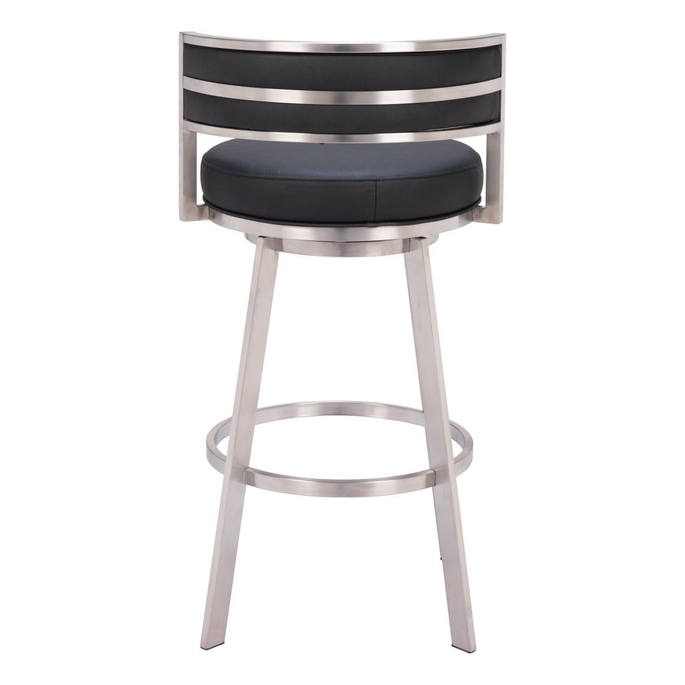 31" Black And Silver Faux Leather And Fabric And Steel Low Back Bar Height Swivel Bar Chair HomeRoots