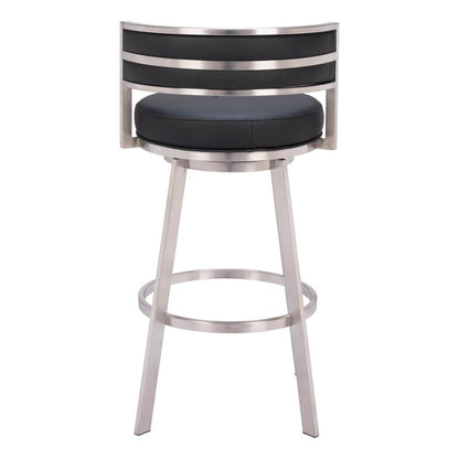 31" Black And Silver Faux Leather And Fabric And Steel Low Back Bar Height Swivel Bar Chair HomeRoots