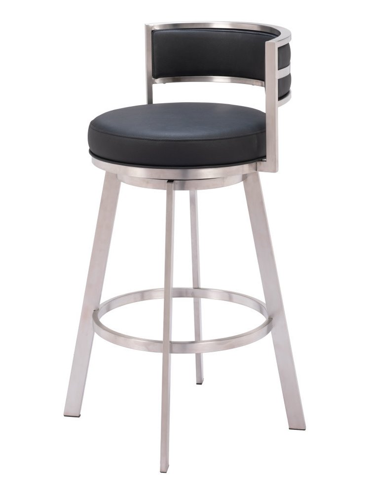 31" Black And Silver Faux Leather And Fabric And Steel Low Back Bar Height Swivel Bar Chair HomeRoots