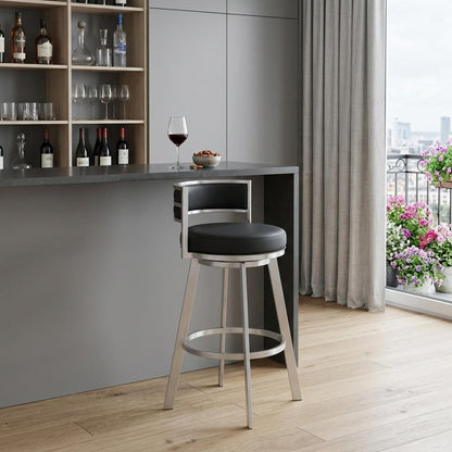 31" Black And Silver Faux Leather And Fabric And Steel Low Back Bar Height Swivel Bar Chair HomeRoots