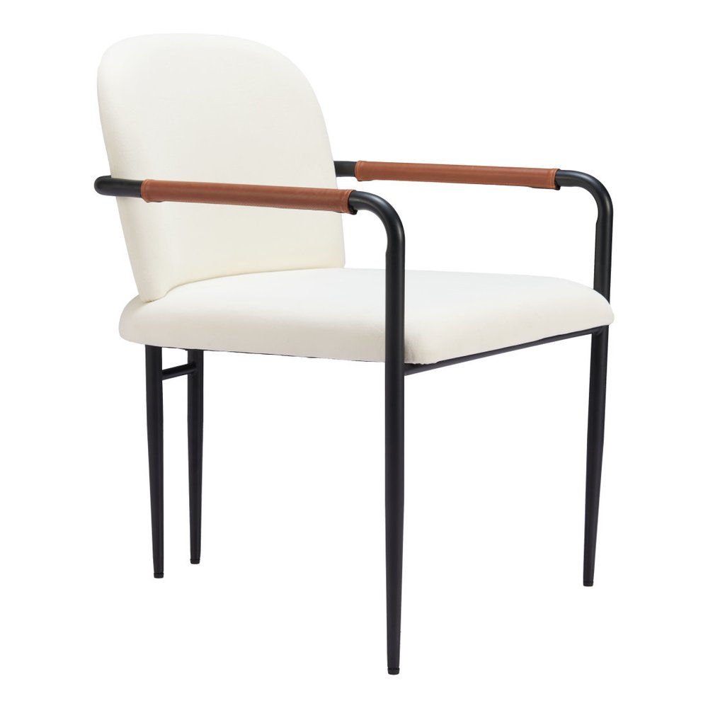 Set of Two Cream And Black Fabric And Steel Dining Arm Chairs HomeRoots