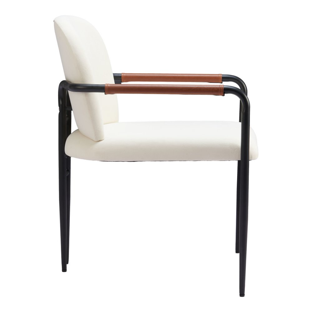 Set of Two Cream And Black Fabric And Steel Dining Arm Chairs HomeRoots