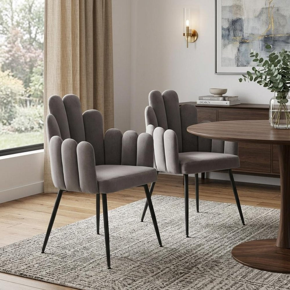 Set of Two Gray And Black Tufted Velvet And Steel Dining Arm Chairs HomeRoots