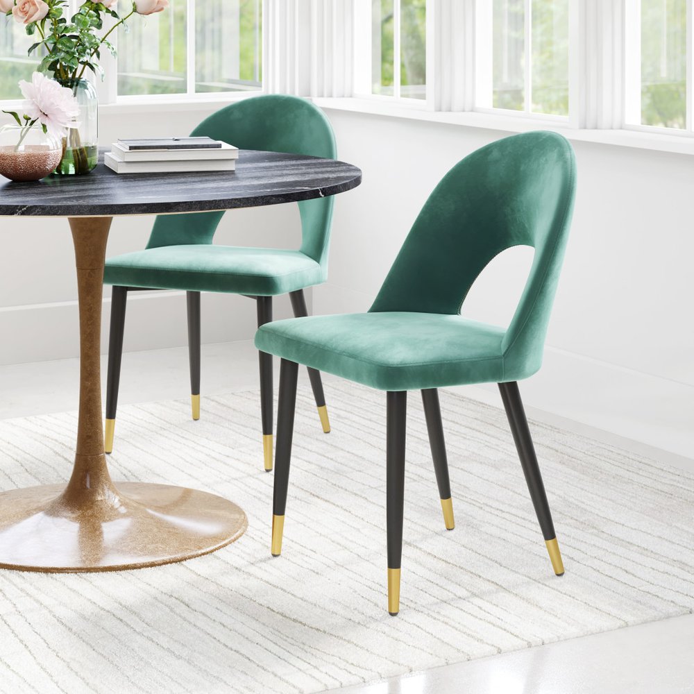 Set of Two Green Black and Gold Upholstered Velvet Open Back Dining Side Chairs HomeRoots