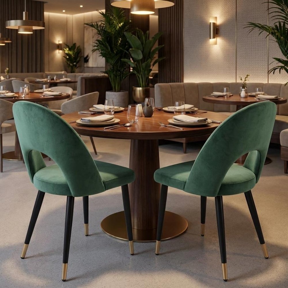 Set of Two Green Black and Gold Upholstered Velvet Open Back Dining Side Chairs — view 11