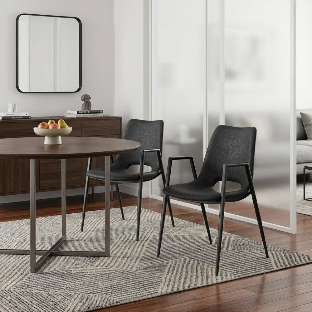 Set of Two Black Faux Leather Open Back Dining Arm Chairs HomeRoots