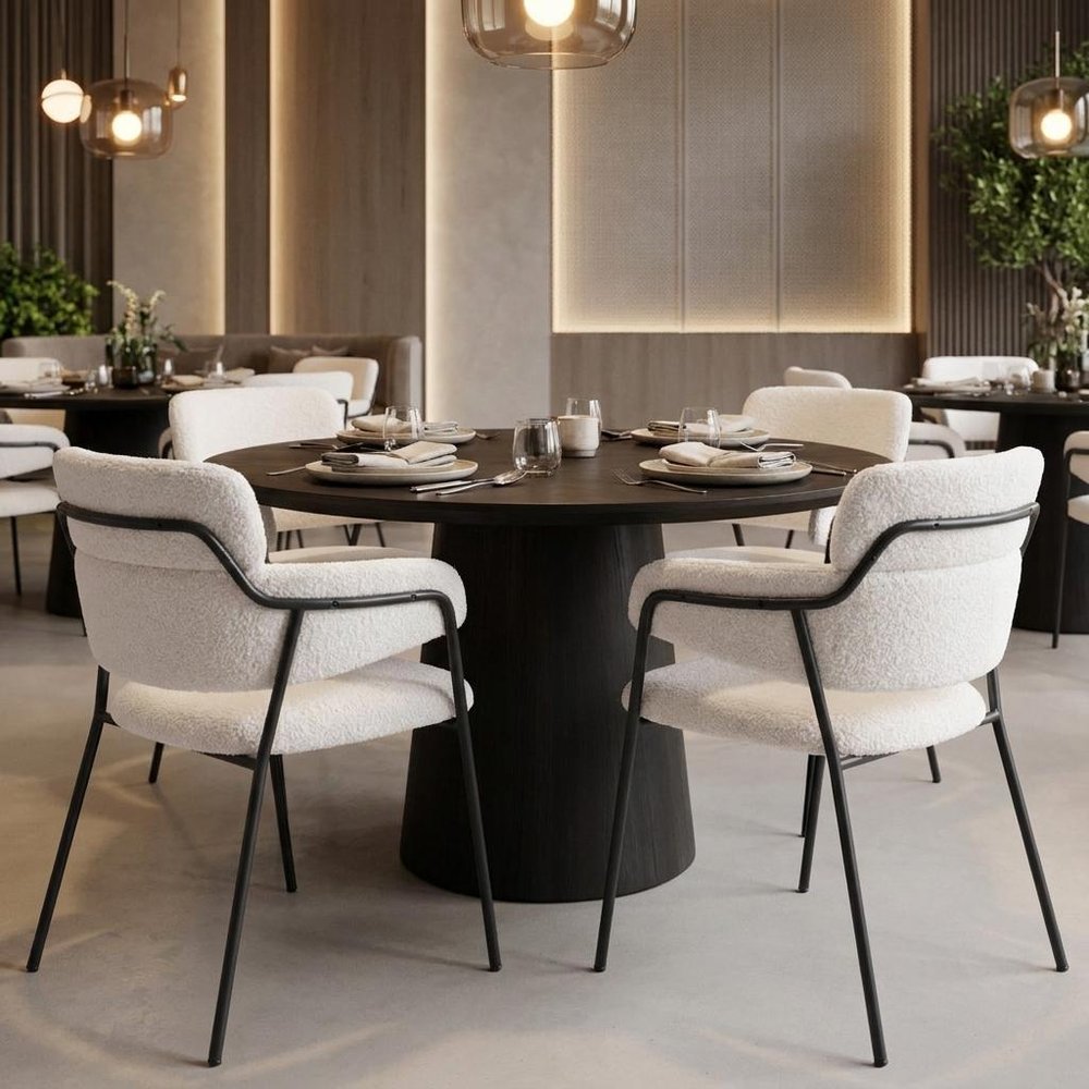 Set of Two Cream And Black Faux Shearling And Steel Dining Arm Chairs — view 11