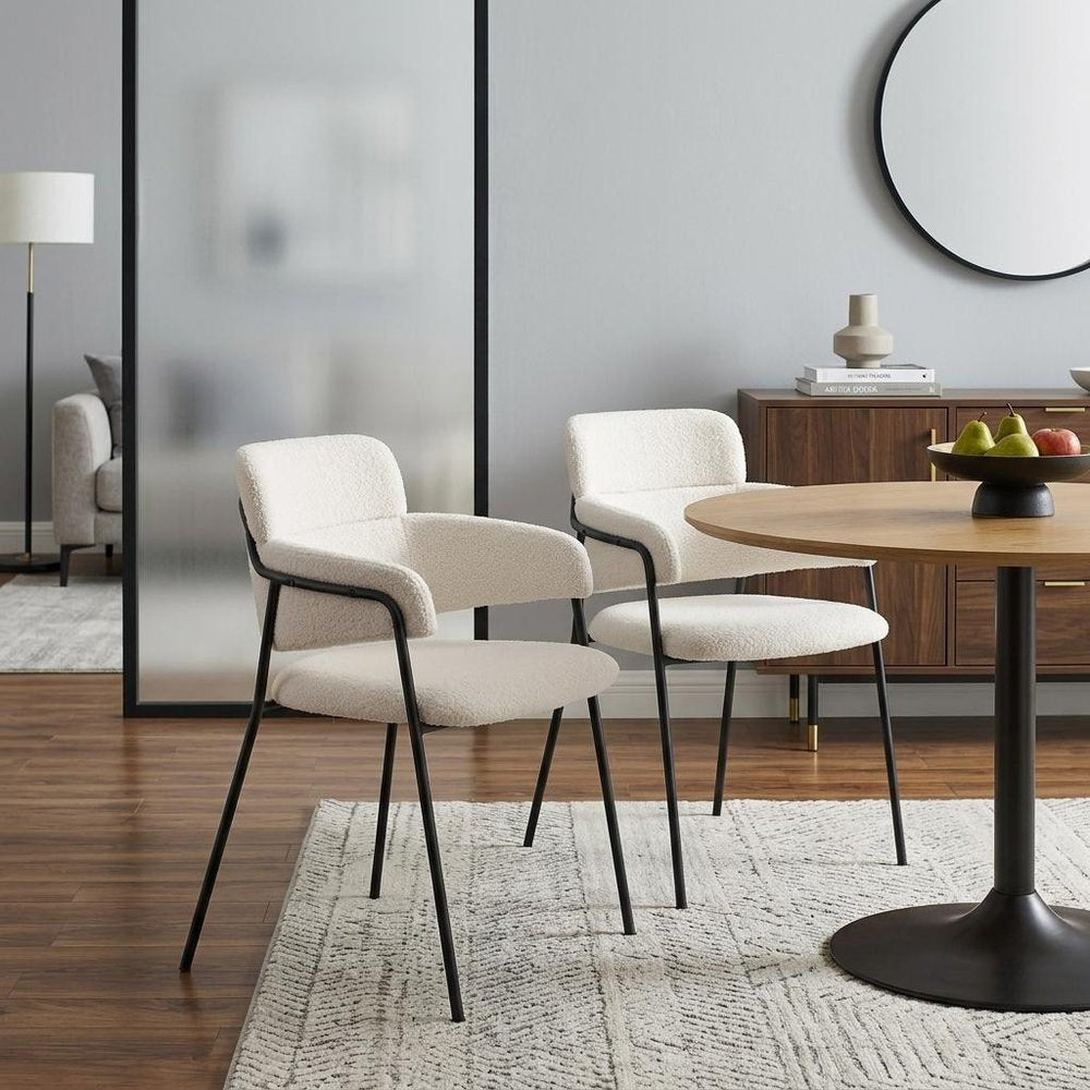 Set of Two Cream And Black Faux Shearling And Steel Dining Arm Chairs — view 10