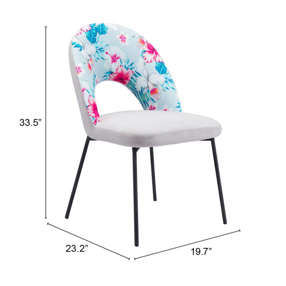 Set of Two Gray and Black Velvet And Steel Velvet And Steel Tropical Floral Dining Side Chairs HomeRoots