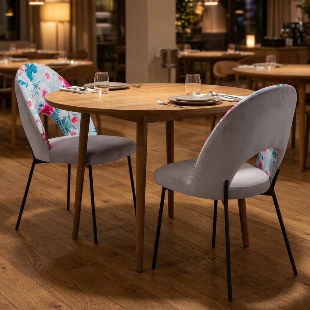 Set of Two Gray and Black Velvet And Steel Velvet And Steel Tropical Floral Dining Side Chairs HomeRoots