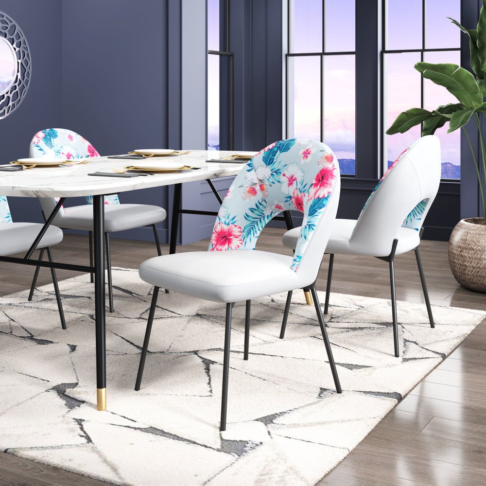Set of Two Gray and Black Velvet And Steel Velvet And Steel Tropical Floral Dining Side Chairs HomeRoots