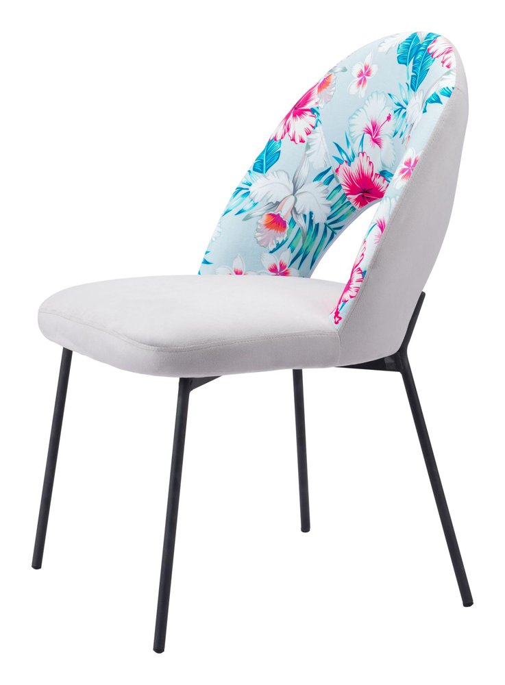 Set of Two Gray and Black Velvet And Steel Velvet And Steel Tropical Floral Dining Side Chairs HomeRoots