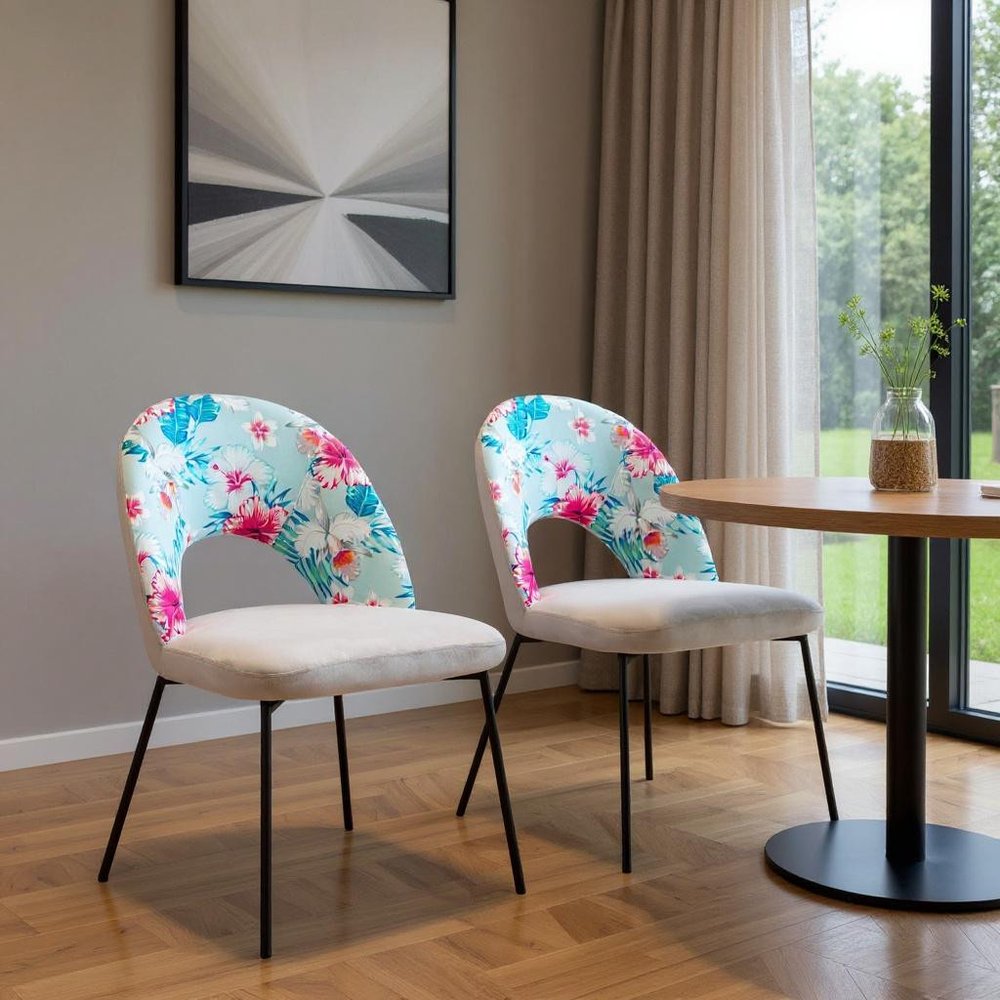 Set of Two Gray and Black Velvet And Steel Velvet And Steel Tropical Floral Dining Side Chairs HomeRoots