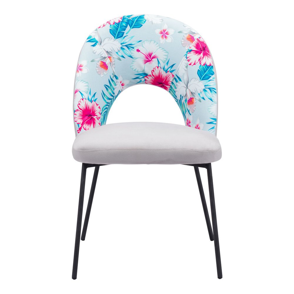 Set of Two Gray and Black Velvet And Steel Velvet And Steel Tropical Floral Dining Side Chairs HomeRoots