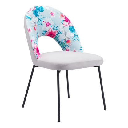 Set of Two Gray and Black Velvet And Steel Velvet And Steel Tropical Floral Dining Side Chairs HomeRoots