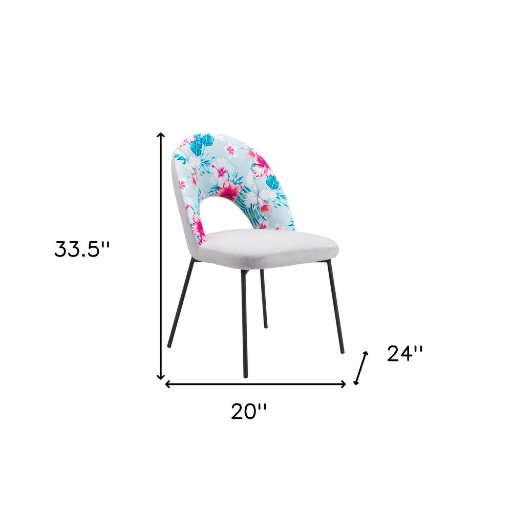 Set of Two Gray and Black Velvet And Steel Velvet And Steel Tropical Floral Dining Side Chairs HomeRoots