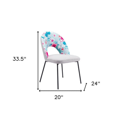Set of Two Gray and Black Velvet And Steel Velvet And Steel Tropical Floral Dining Side Chairs HomeRoots
