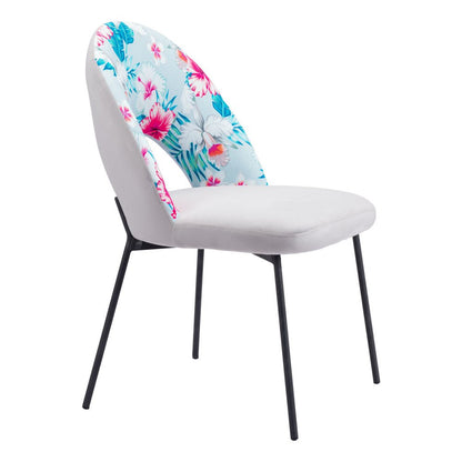 Set of Two Gray and Black Velvet And Steel Velvet And Steel Tropical Floral Dining Side Chairs HomeRoots