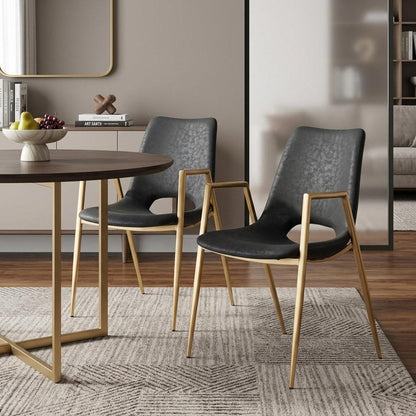 Set of Two Black and Gold Faux Leather Open Back Dining Arm Chairs HomeRoots