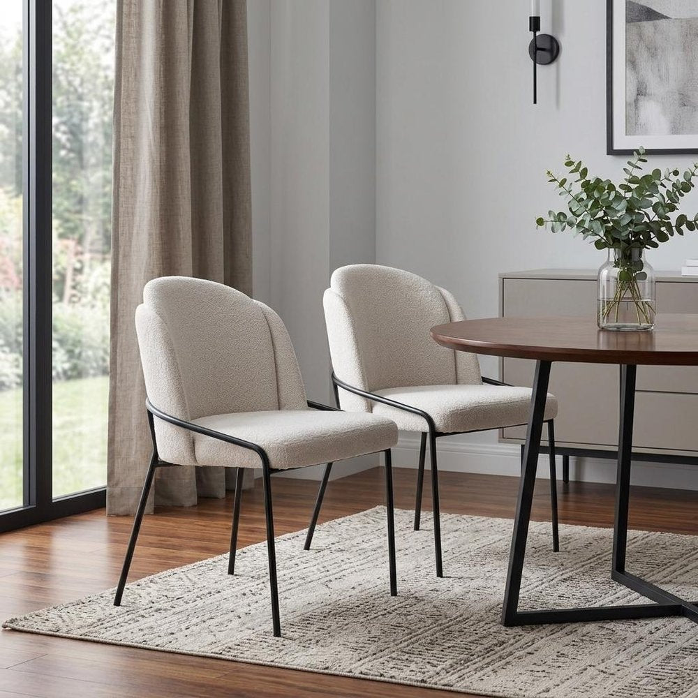 Set of Two Ivory And Black Faux Shearling And Steel Dining Side Chairs HomeRoots